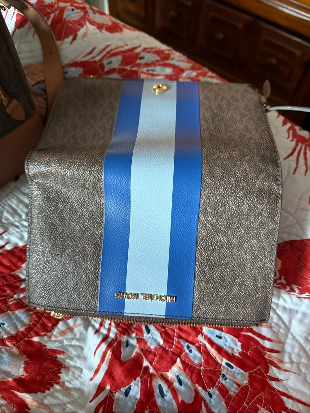 Michael Kors Brown Signature Backpack with Blue-Striped Wallet